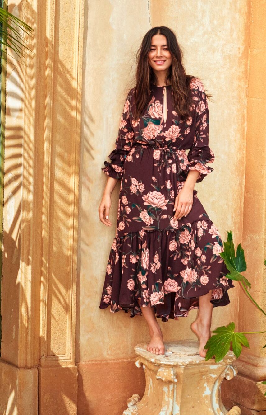 H&M x Johanna Ortiz Dark Brown Pink Floral Flounced Crepe Midi Dress US XS